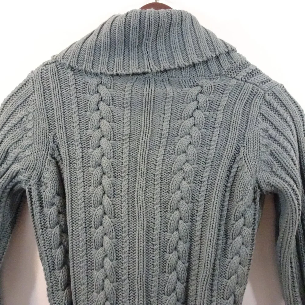 Eddie Bauer Cotton Cable Knit Belted Cardigan Sweater XS Petite Gray Green Vtg - Picture 6 of 6